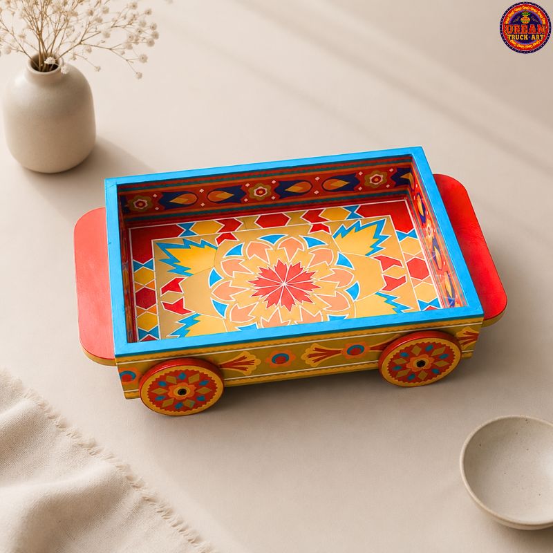 Bisque Wooden Functional Tray On Wheels