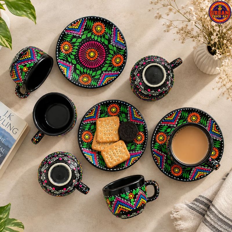 Black Mandala Truck Art Tea set Pakistan