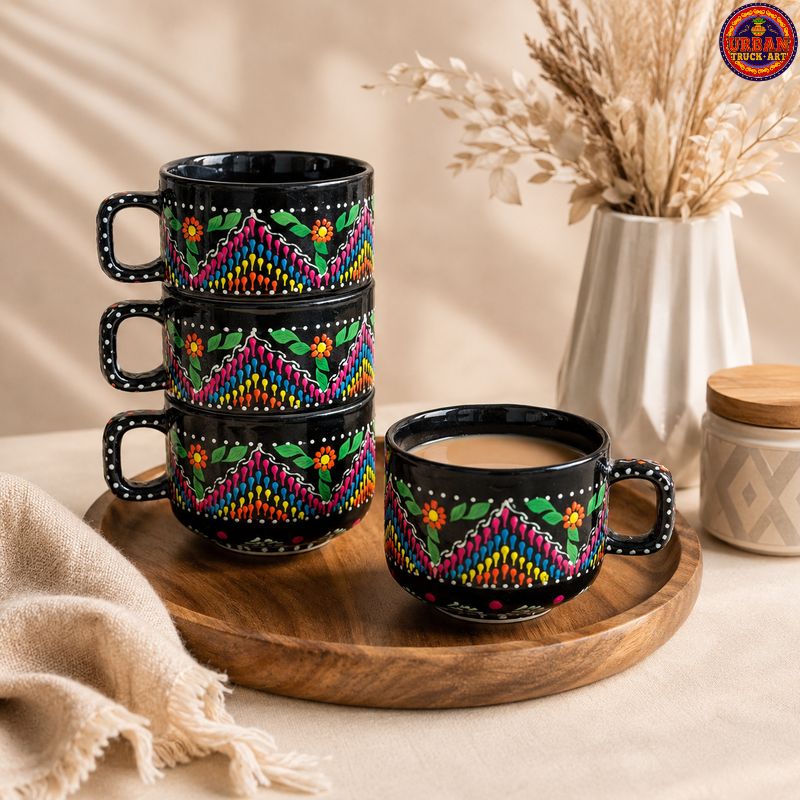 Black Mandala Hand Painted Truck Art Tea set Pakistan
