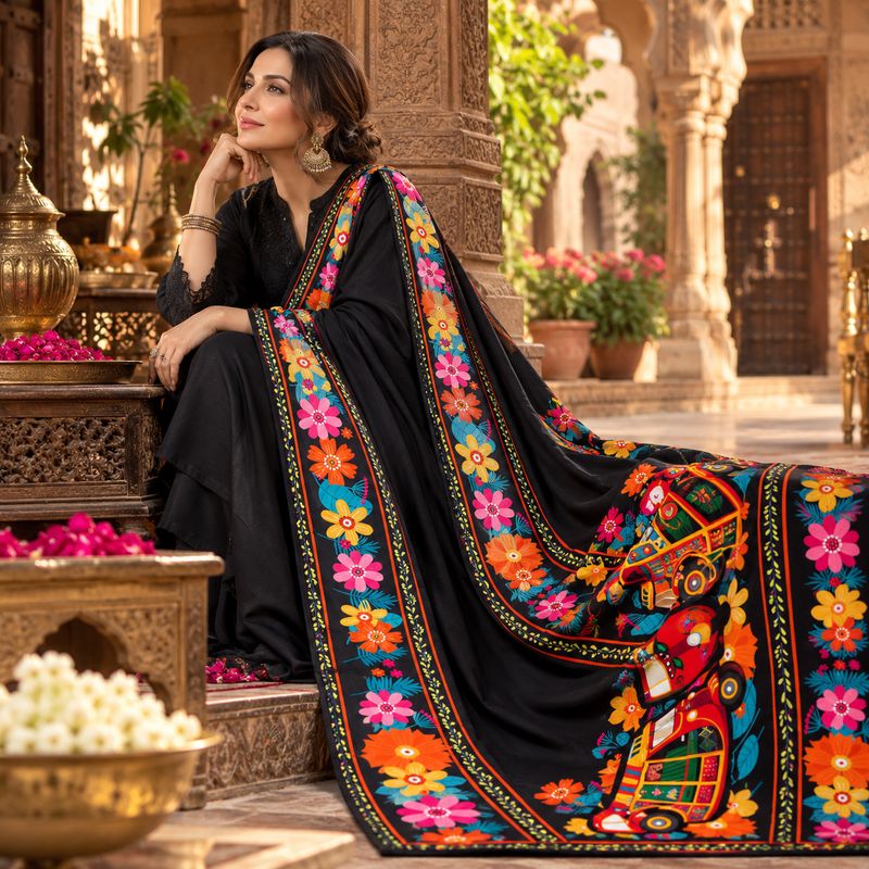 Black Truck Art Pakistani Shawl for Women 