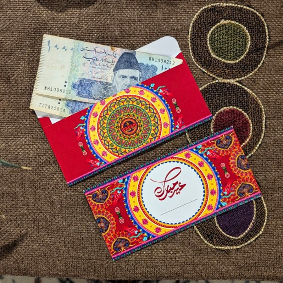 Eid Mubarak, red Truck Art Envelops