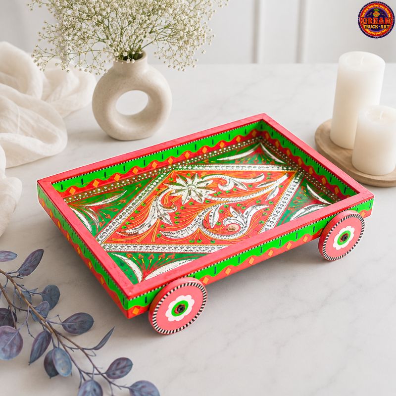 Green Leaf Mini Tray On Wooden Wheels