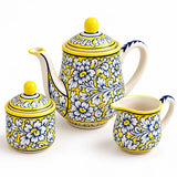 Luxury Lime Yellow Baked Hand Painted Ceramic Teapot, Sugar Pot & Milkpot