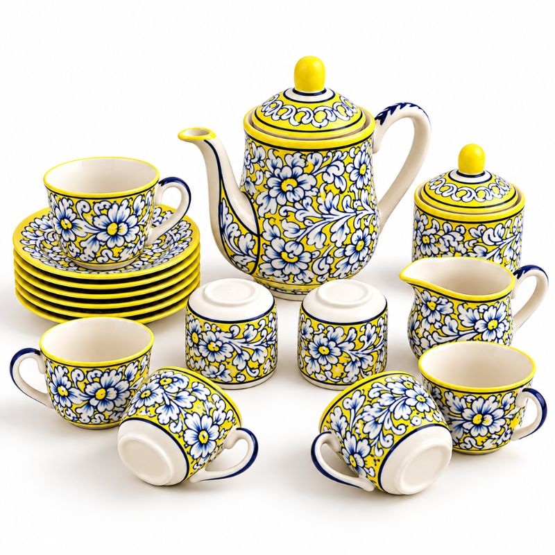 Luxury Lime Yellow Baked Hand Painted Ceramic Teaset in Pakistan