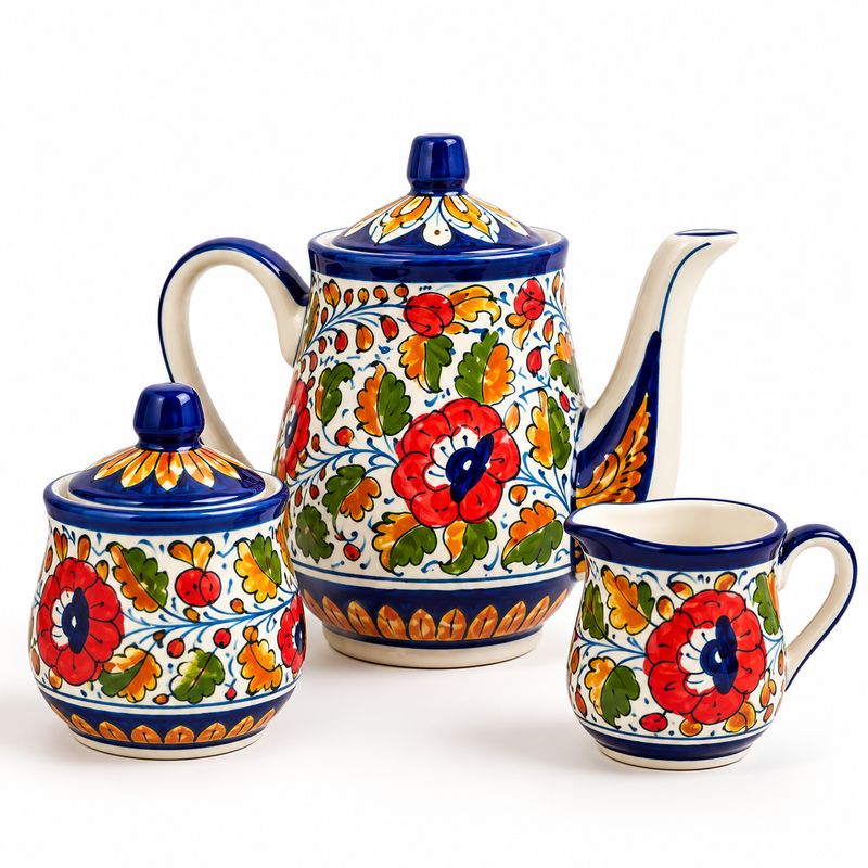 Multi Colored Truck Art Baked Teapot, Sugar Pot & Milkpot