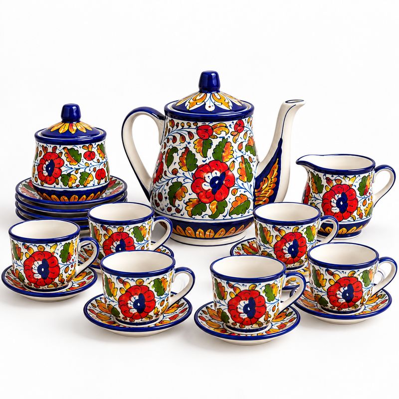 Multi Colored Baked Hand Painted Teaset