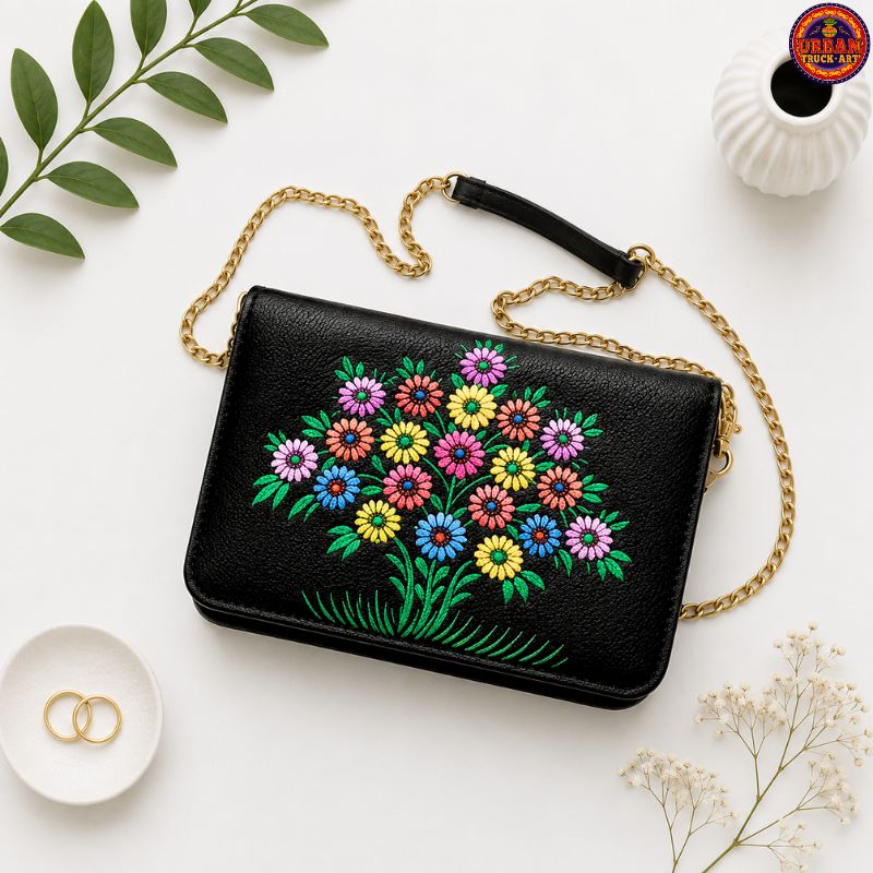 Multi Flower Black Hand Painted Clutch