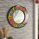 Multi Flower Black Round Mirror