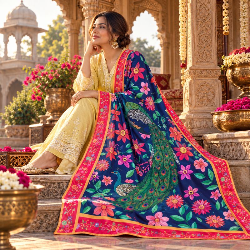 Multi Colored Peacock Printed Truck Art Shawl for Women