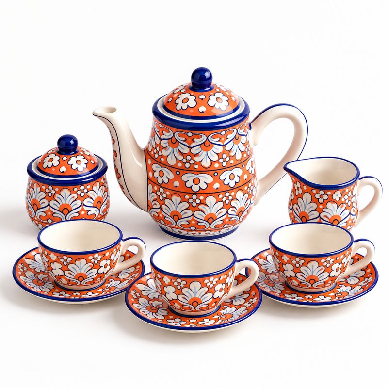 Orange Baked Hand Painted Teaset