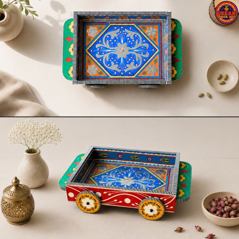 Orange Steel and Chamakpatti Tray on Wheels