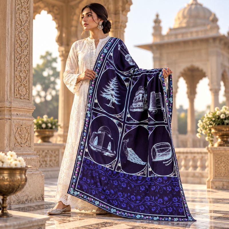 Pakistani Royal Blue Truck Art Shawl