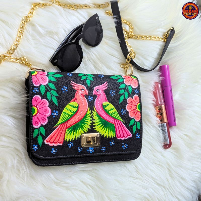 Two Parrots Black Hand Painted Clutch