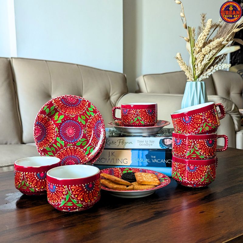 Red Mandala Hand Painted Tea Set