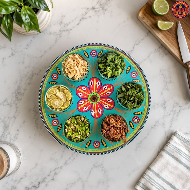 Round Truck Art Green Garnishing Tray 