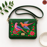 Sparrow Hand Painted Green Clutch