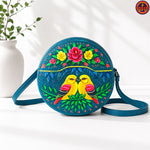 Teal Flower Hand Painted Round Bag