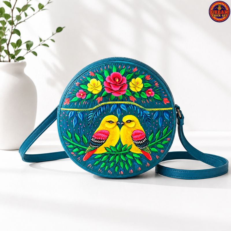 Teal Flower Hand Painted Round Bag