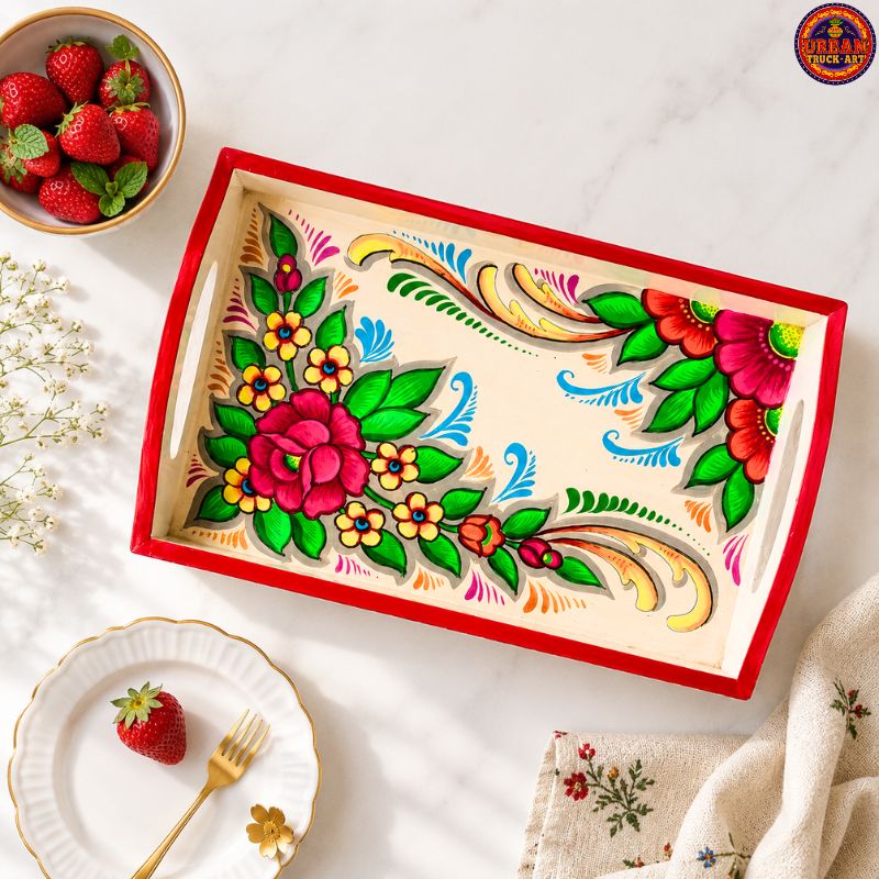 White Flower Hand Painted Tray