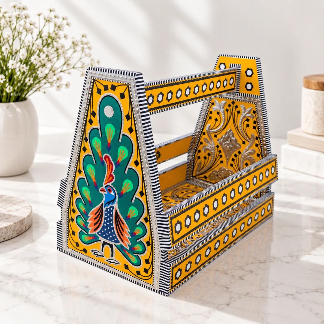 Yellow Peacock Gifting Wooden Basket