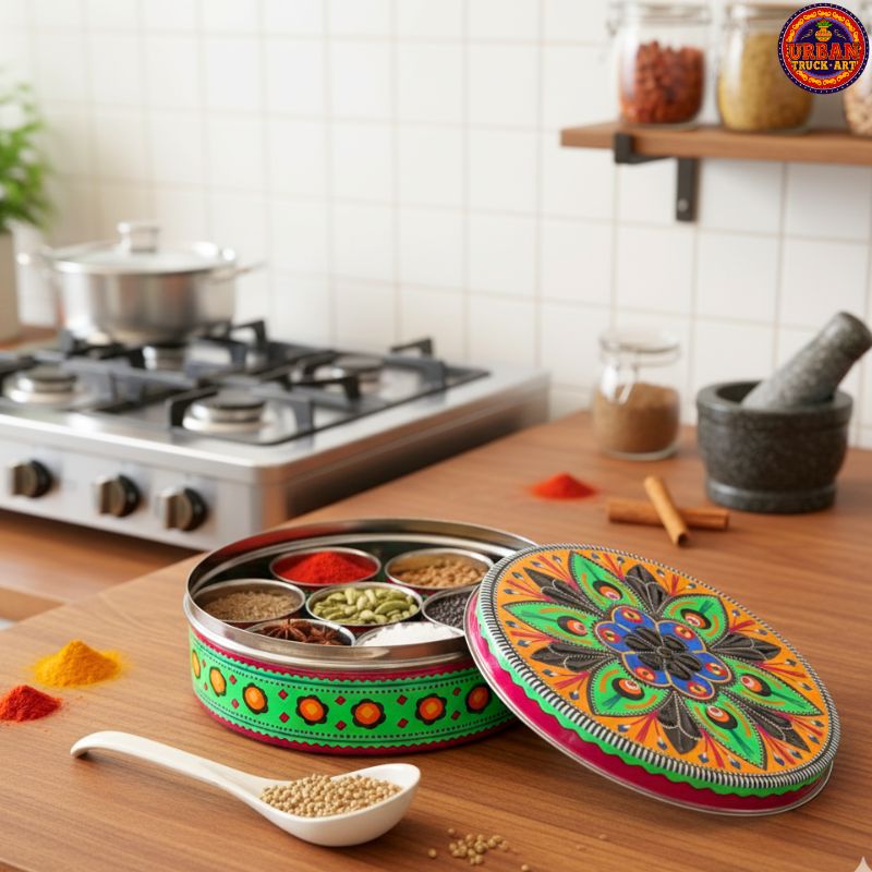 Green Flower Round Masala Box
