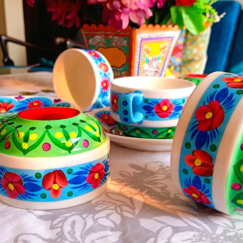 Blue Ceramic Truck Art Tea Cup Set