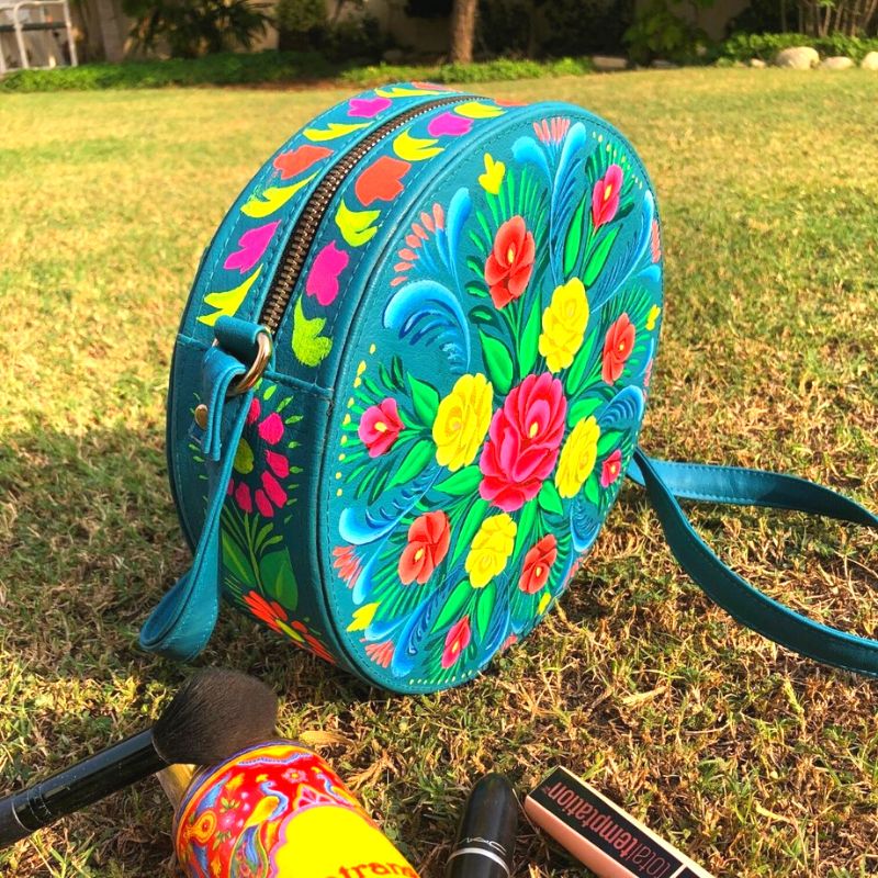 Teal Hand Painted Round Bag