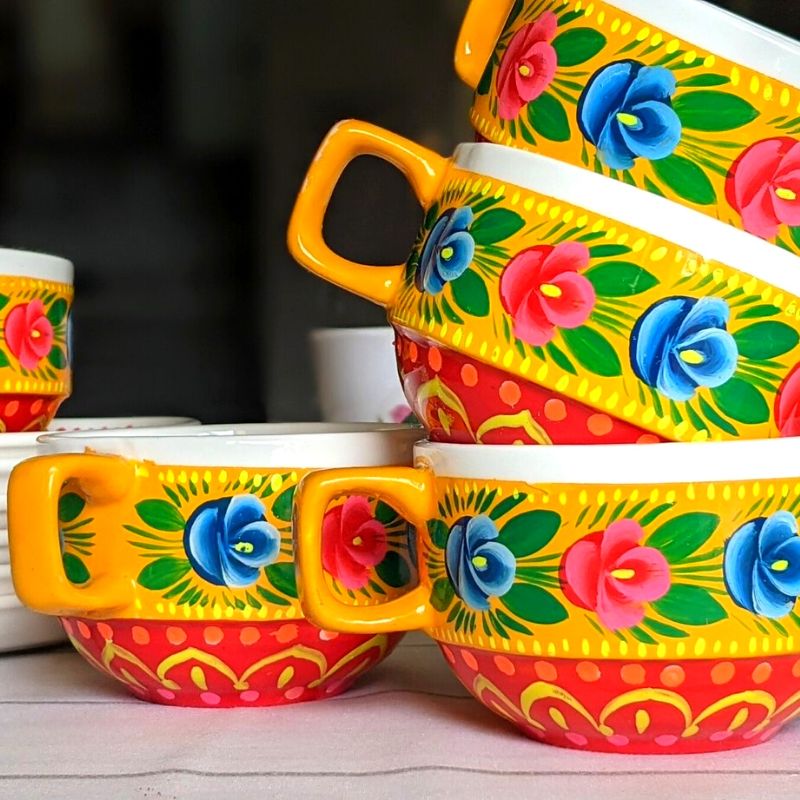 Yellow Royal Ceramic Truck Art Hand Painted Tea set