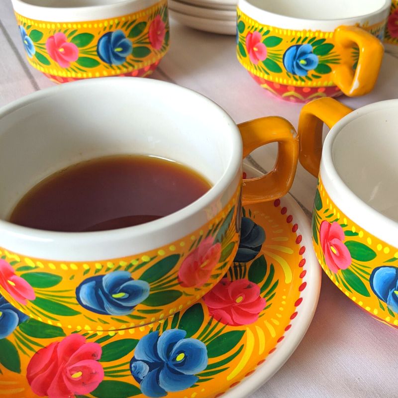 Yellow Royal Ceramic Truck Art Hand Painted Tea set
