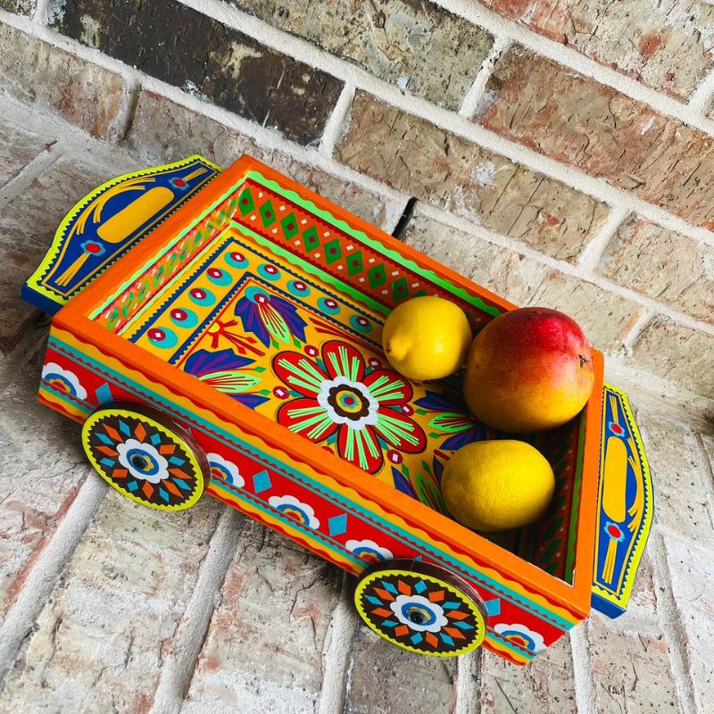 Yellow Handmade Chamakpatti Tray On Wheels