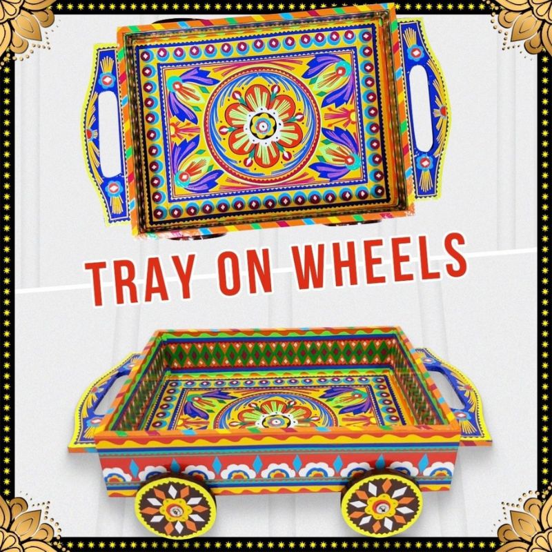 Yellow Handmade Chamakpatti Tray On Wheels